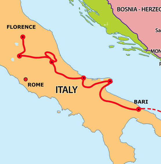 Map of the Via Flaminia rally in Italy from Puglia to Tuscany